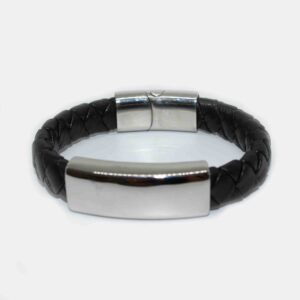 Buckle Steel Braided Black Leather Bangle