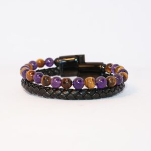 Amethyst and Tiger Eye Stones Beaded Leather Bracelet