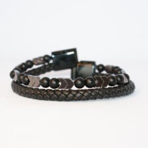 Hematite and Matte Black Onyx Stones Leather Bangle