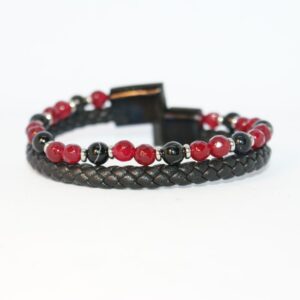 Black Agate and Garnet Stones Leather Bangle
