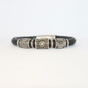 Men's Black Leather Bracelet with Viking Symbols