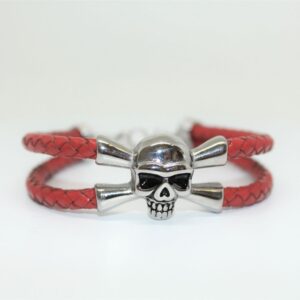 Double Leather Red Black Plaited Bangle with Skull
