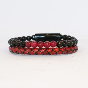 Red Leather Garnet Black Onyx Beaded Bangle