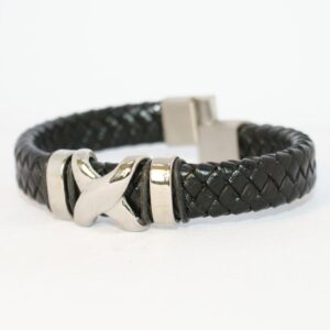 Men's Leather Bangle with Stainless Steel Details and Clasp
