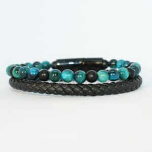 Leather Bracelet with Blue Tiger Eye and Matte Black Onyx