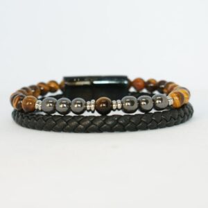Tiger Eye and Hematite Stones Beaded Black Leather Bracelet