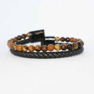 Men's Leather Bracelet Beaded with Tiger Eye Stones