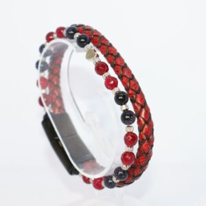 Red Leather Garnet Black Onyx Beaded Bangle with Petite Heart