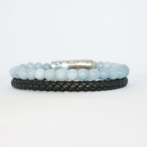 Blue Aquamarine Stone Beaded Black Leather Bracelet