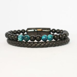 Leather Black Agate Blue Tiger Eye Beaded Bracelet
