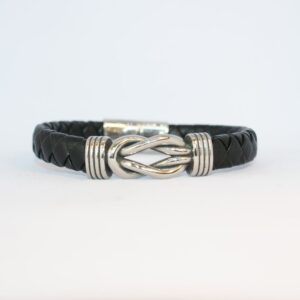 Men's Black Leather Braided Bangle with Knot