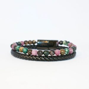 Leather Bracelet with Multicolored Semiprecious Stones Beads