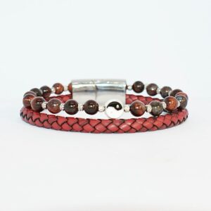 Red Leather Bracelet with Yin-Yang Tiger Eye Beads