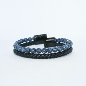Men's Leather Bracelet With Dark Blue Jasper Stone Beads