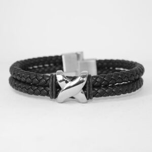 Two Layers Leather Bangle with Stainless Steel Details