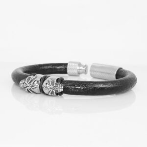 Biker's Leather Bangle With Two Skulls