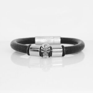 Black Smooth Leather Bangle with Skull