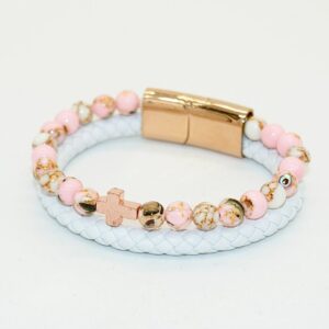 Pink Shell Howlite White Leather Bracelet with Hematite Cross