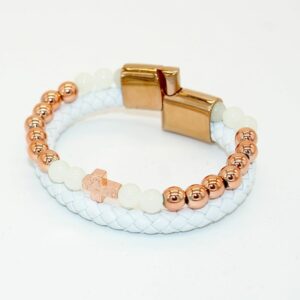 White Leather Bracelet with Luminous Beads and Hematite Cross